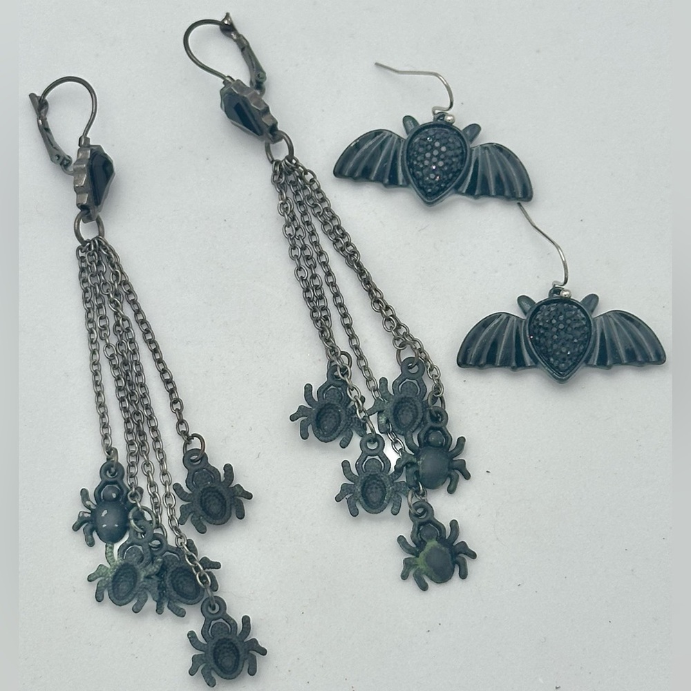 Lot Halloween Earrings Black Spider Chandelier Bat Rhinestone Hooks